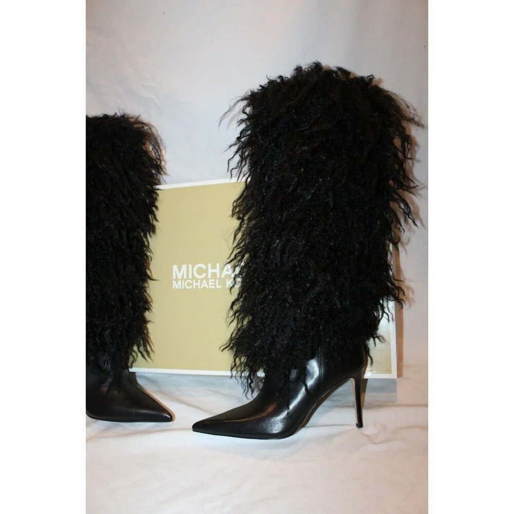 Michael Kors Women's Dawn Heeled Tall Fur Boots NEW $385 Black Sz 7